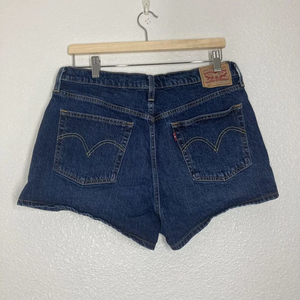 Levis 501 Shorts womens 33 Blue Denim Jean Button Fly Stretch Bermuda Casual